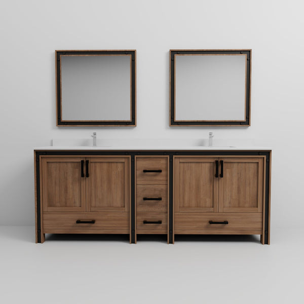 English Elm Rustic Barnwood Double Bath Vanity 84" W x 22" D with White Quartz Top, Chrome Faucets & 34" Mirrors B2731S01137