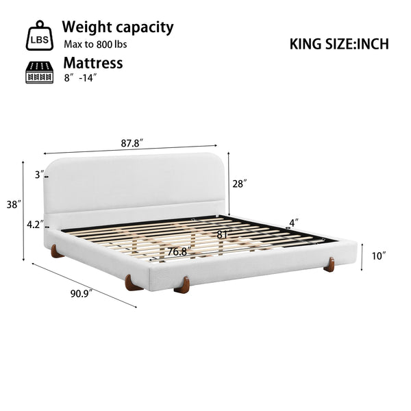 English Elm Christopher Knight Home® - Unique Upholstered Bed Frame with Solid Rubber Wood Legs, Durable 4" Thick Sides, Luxurious Fabric Finish and Quick 40-Minute Assembly, King Size White N769K355901W