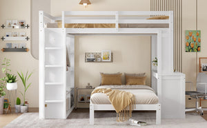 English Elm Queen Multifunctional Solid Wood Bunk Bed With Desk, Dismountable Twin Bed, Shelves & Wardrobe W1580S00214-GIGA
