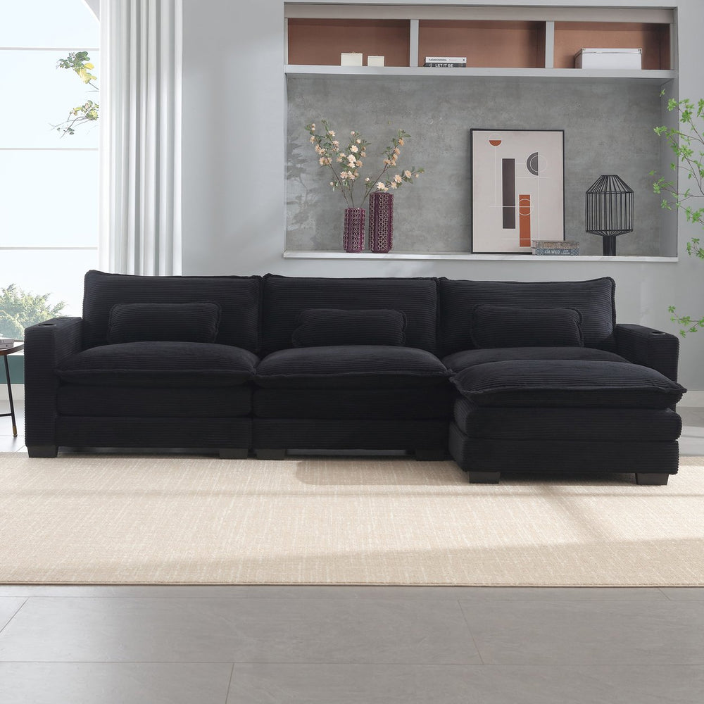 English Elm L Shape Sofa Couch With Usb Charging & Cup Holders, Cozy 3-Seater Sectional & Ottoman, Black W2100S00184
