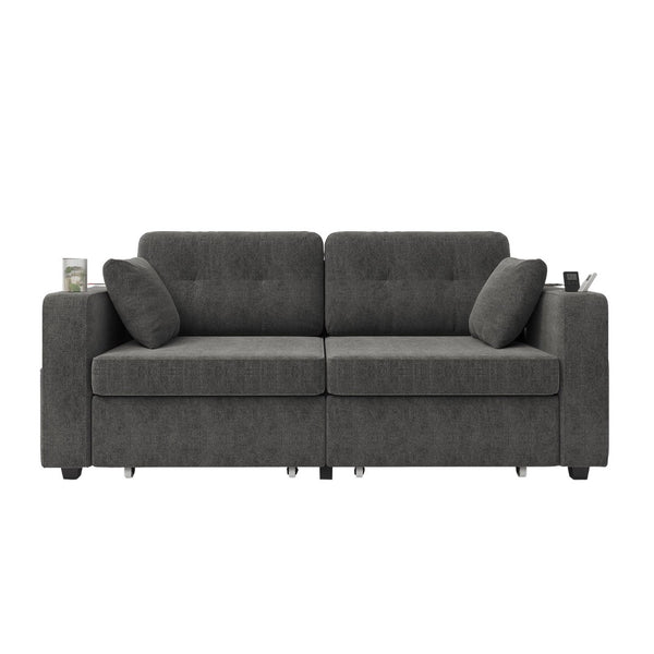 English Elm Sofas for Living Room Chenille Three Seat Couch with Usb Charging Storage and Cup Holder Gray W395S00143