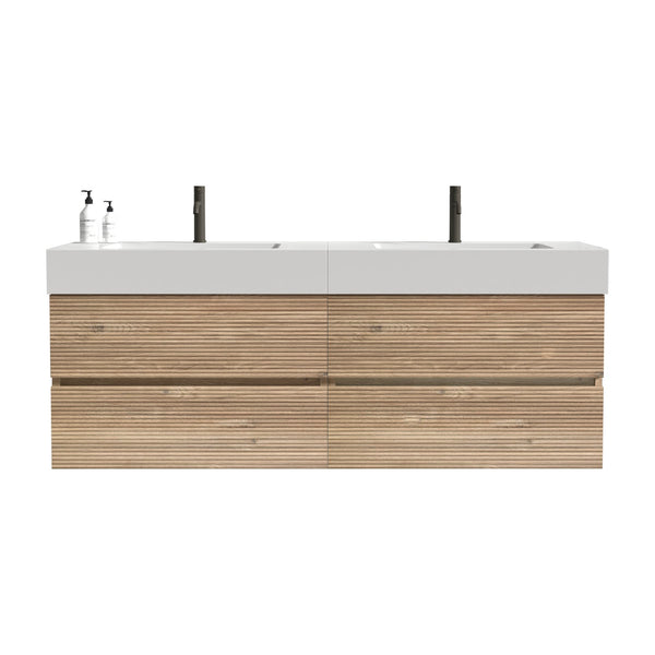 English Elm Grace 60" Bathroom Vanity Wall-Mounted Floating Mid-Century Modern Walnut Grille, Quiet Soft-Close Drawers and One-Piece White Basin (ECO) Oak W1865S00160