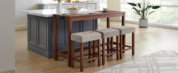 English Elm 59 59 Inch Bar Table Set with Power Outlet, 3 Upholstered Stools, Solid Wood MDF Linen Seats, Durable Load Capacity W2972P355432