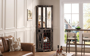 English Elm 67.3" Farmhouse Corner Bar Cabinet Led Lit Wine Storage with Built-in Power Outlets N735P361429D