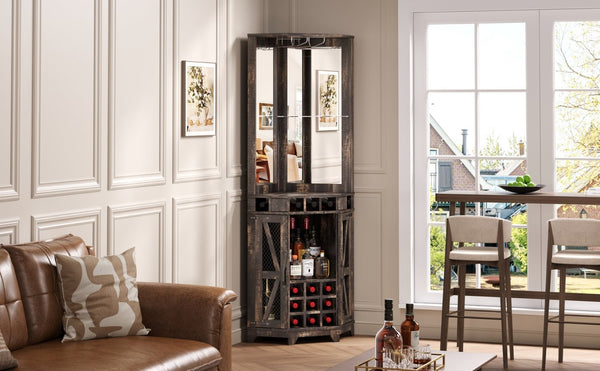 English Elm 67.3" Farmhouse Corner Bar Cabinet Led Lit Wine Storage with Built-in Power Outlets N735P361429D