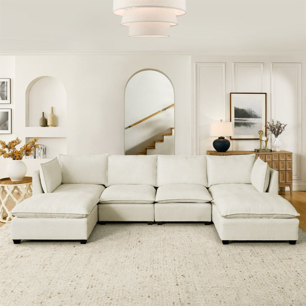 English Elm Comfy Cloud Sectional Chenille Deep Seat Sofa with Ottomans for Living Room Lounging Beige W1117S00283