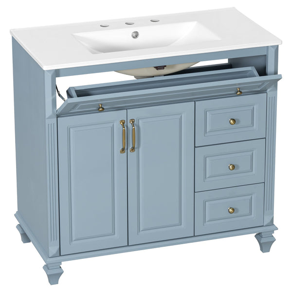 English Elm 36" Bathroom Vanity - Modern Blue Grey Solid Wood Cabinet With Elegant Gold Handles & Ample Storage N725P356069E