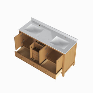 English Elm 60" Double Sink Vanity Solid Wood Cabinet Carrara Marble Top Brown Oak Finish T3785P442245