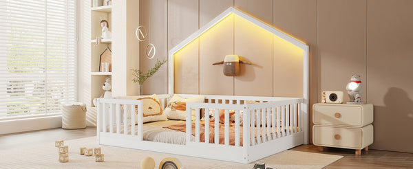 English Elm Twin Montessori Floor Bed House Frame with Led Lighting and Safety Rails for Kids White W2593P440604