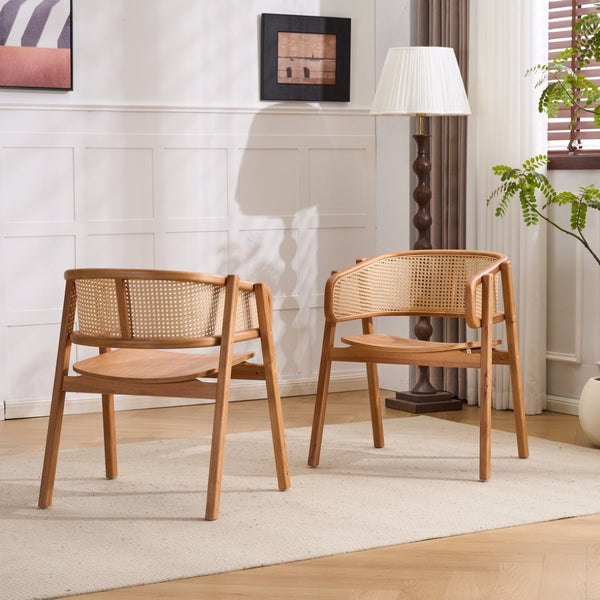 English Elm Rattan Mesh Back Rubberwood Arm Dining Chairs Bohemian Coastal Natural Set of 2 N772P415449N