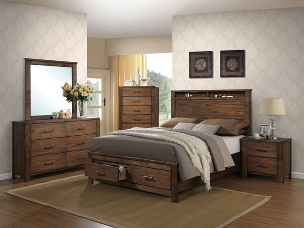 English Elm Oak Queen Bed with Low-Profile Storage Footboard, Panel Headboard Shelf & Casegood Drawer, No Box Spring Needed B062S00536