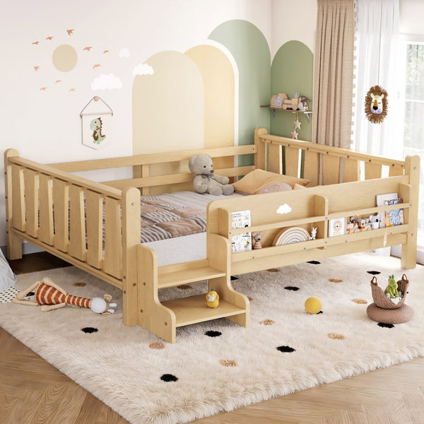English Elm Twin Pine Floor Bed with Guardrails Built-in Bookcases and Stair Steps for Kids W1580P430186