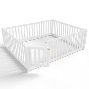 English Elm Twin Floor Bed Pine Wood Frame with Guardrails and Door for Safe Toddler Sleep Light White W1580P417670