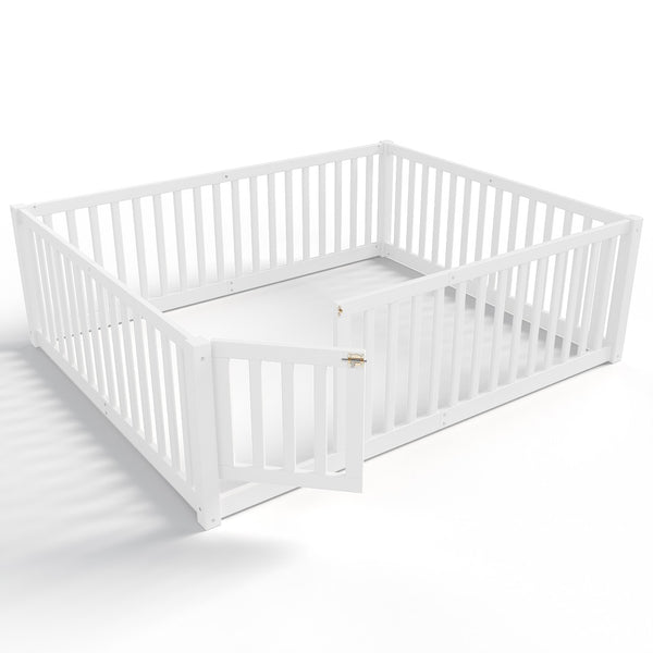 English Elm Twin Floor Bed Pine Wood Frame with Guardrails and Door for Safe Toddler Sleep Light White W1580P417670