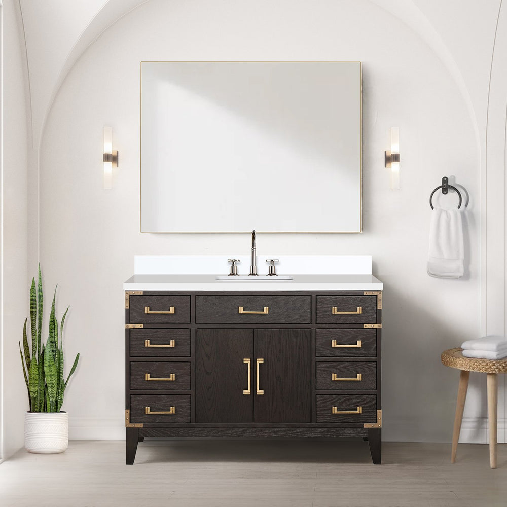 English Elm Brown Oak Single Bath Vanity With White Quartz Top And Matching 46-Inch Mirror For Elegant Spaces B2731S01466
