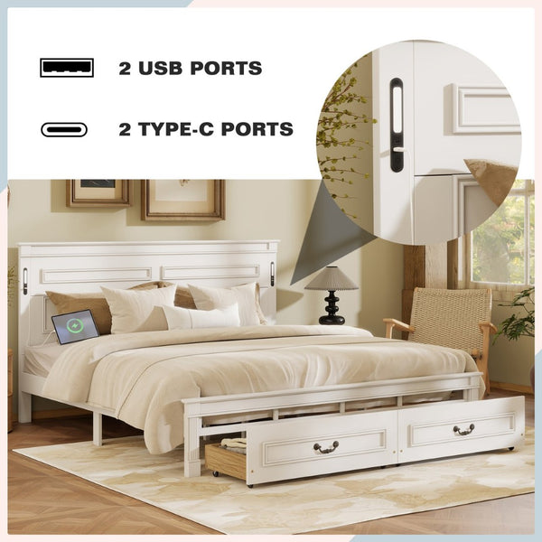 English Elm King Pine Wood Storage Bed with Led Lighting Usb Charging Tall Panel Headboard White W504S00269