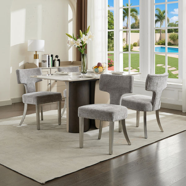 English Elm Mid Century Modern Dining Chairs with Copper Nail Trim, Plush High-Density Foam Seats, Brushed Steel Legs Gray W1143P314900