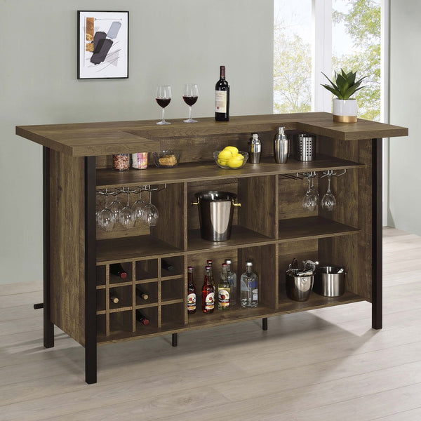 English Elm Lampton Rustic Oak Freestanding Home Bar with Steel Frame, Two-Tier Surface, Shelving & Footrest B062P374130
