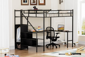 English Elm Full Metal Loft Bed with L-Shaped Desk, RGB LED Lights, Charging Cradle, Wardrobe & Drawers Black W1162S00014