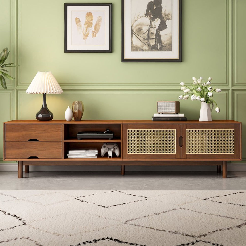 English Elm 78 Inch Rattan Media Console with Rubberwood Legs Walnut Finish Living Room Storage N710P407810P