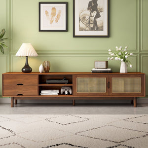 English Elm 78 Inch Rattan Media Console with Rubberwood Legs Walnut Finish Living Room Storage N710P407810P