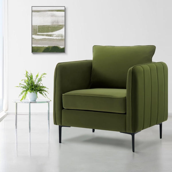English Elm Accent Velvet Armchair Mid-century Modern Plush Seat with Metal Legs for Any Room Green W3244P325833
