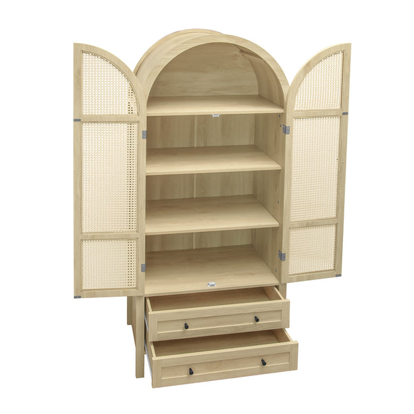 English Elm 70.28" Tall Arched Kitchen Pantry - Elegant Storage Cabinet With Adjustable Shelves & Rattan Door Design W688P204449