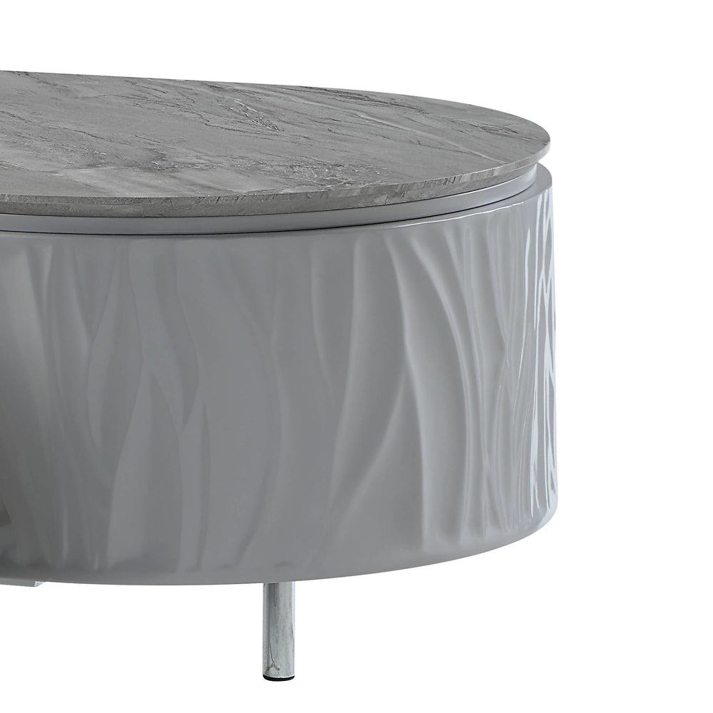 English Elm Grey Grey High Gloss Chrome Coffee Table with Oval-Round Design, Storage Shelf, Industrial Elegance B062P209131