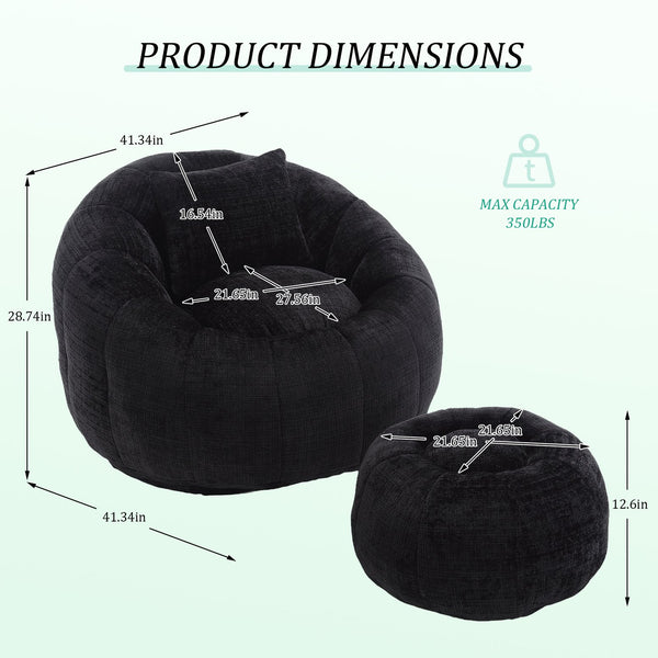 English Elm UNITED Cloud-Luxe Chenille Memory Foam Bean Bag Chair with Ottoman and Pillow for Ultimate Comfort Black W1568P361690