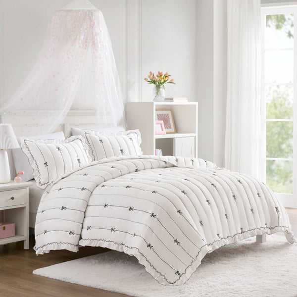 English Elm 3-piece Reversible Microfiber Quilt Set Bow Embroidery Ruffled Trim Romantic Bedroom White+Black B035P482885