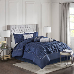 English Elm 7 Piece Tufted Comforter Set Navy Queen – Laurel Tufted Navy Bedding, 100% Polyester, Textured Pieced Design, Includes Shams Pillows Bedskirt B03596831