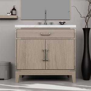 English Elm Grey Oak Single Bath Vanity Set With Carrara Marble Top, Chrome Faucet & 34” Mirror For Chic Bathrooms B2731S02011