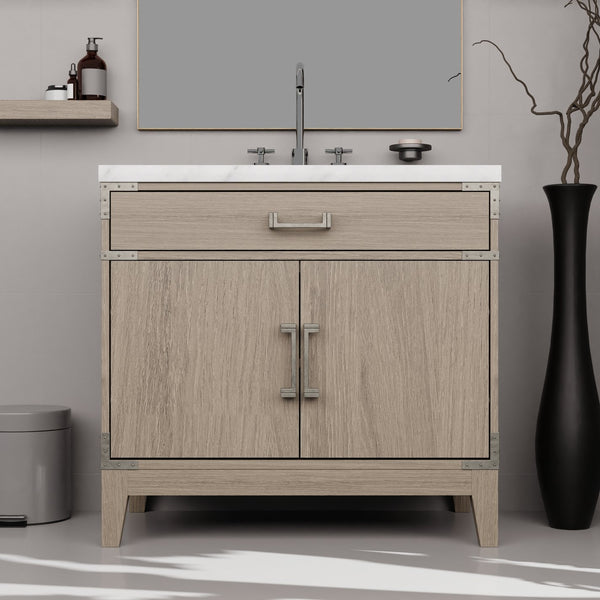 English Elm Grey Oak Single Bath Vanity Set With Carrara Marble Top, Chrome Faucet & 34” Mirror For Chic Bathrooms B2731S02011