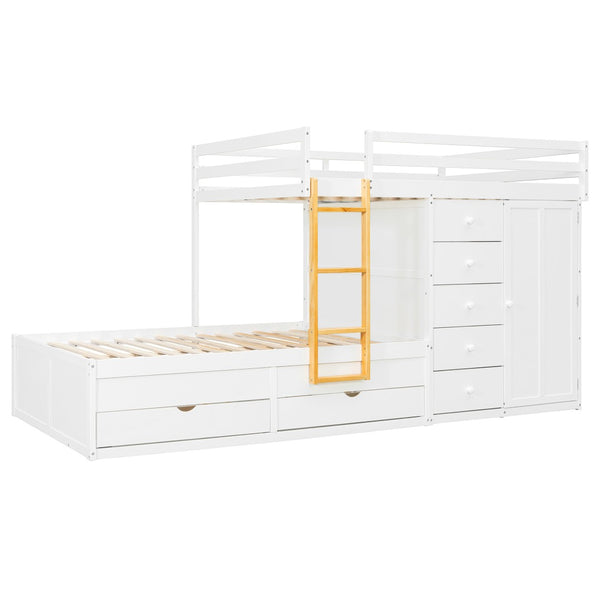 English Elm Full Size Bunk Bed with Integrated Drawers Wardrobe Mdf Solid Wood Kids Storage White LT000463AAK