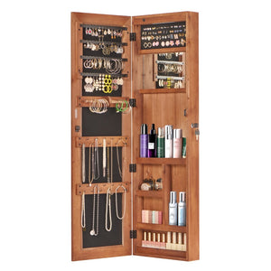 English Elm Solid Wood Wall Mounted Jewelry Armoire with Led Lighting Auto Activated Mirror Cabinet Brown W2640P356585