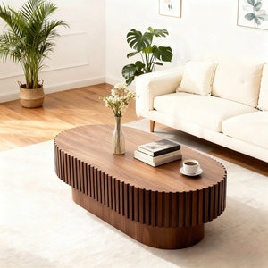 English Elm Oval Fluted Walnut Coffee Table Sculptural Pedestal Base Mid Century Living Room W3204P391004