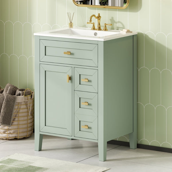 English Elm "24'' 24 Inch Glossy Freestanding Bathroom Vanity with Gold Hardware and Soft Close Storage Green Rubberwood N725P448529F