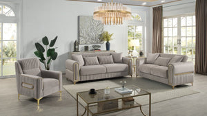 English Elm Ruby 3 Piece Contemporary Living Room Set with Channel Tufting and Gold Steel Legs B009S02252