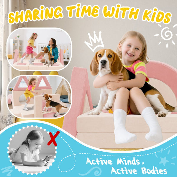 English Elm 16 Piece Modular Foam Play Couch Fort Building Set for Creative Kids Playroom Use Pink+White T5880P493421