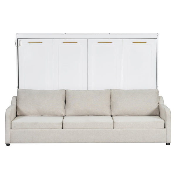English Elm Full Size Murphy Cabinet Bed With Sofa, Built-In Storage & Led Lights - Stylish Space Saver In Beige N7090000602A