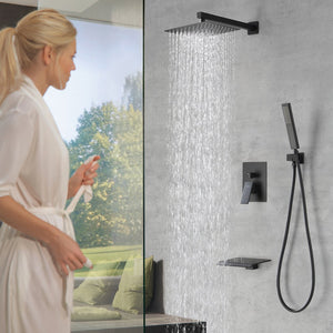 English Elm Male Npt Bathtub Shower Faucet Set – Luxurious Matte Black Rain Shower & Waterfall Tub System T3177P277544
