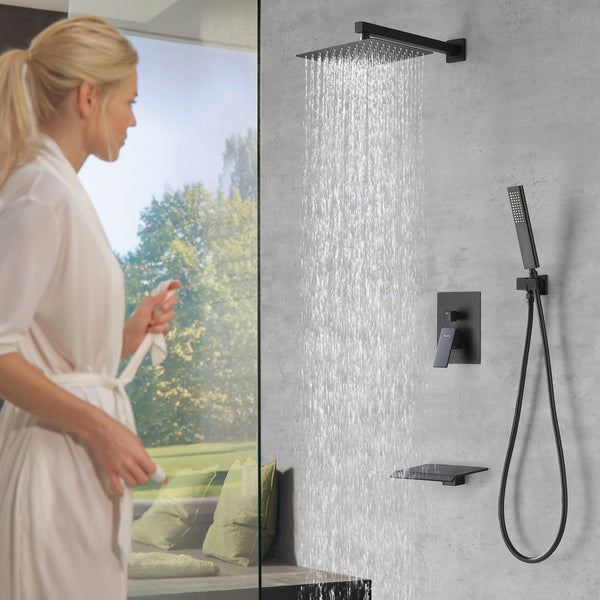 English Elm Male Npt Bathtub Shower Faucet Set – Luxurious Matte Black Rain Shower & Waterfall Tub System T3177P277544
