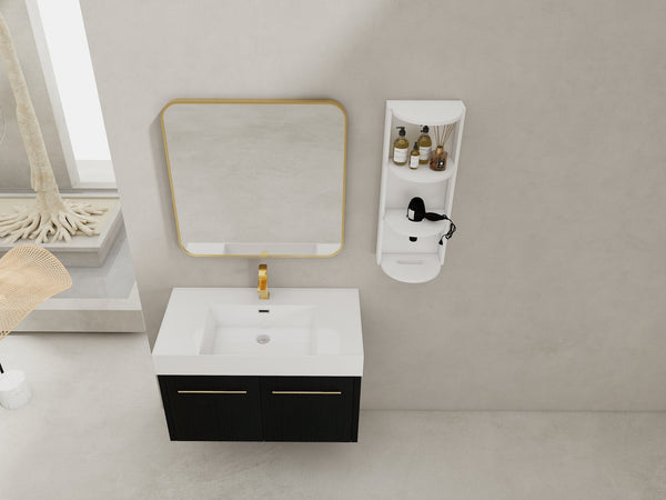 English Elm 36 Inch Wall-Mounted Bathroom Vanity Set With Thick Resin Sink, Storage Rack & Soft-Close Hinges W999S00369