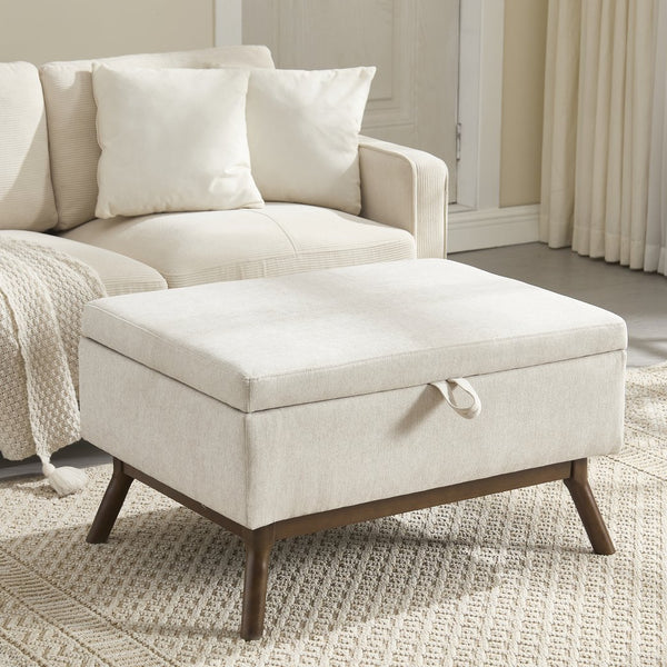 English Elm Mid-century square storage bench with solid wood frame, microfiber upholstery, versatile ottoman seat and tabletop functionality for living room and entryway appeal Beige W1539P269651