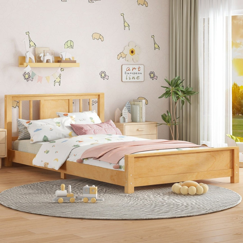 English Elm Twin Low Profile Floor Bed with Guardrails Pine Wood Frame Minimalist Bedroom Natural W1580P438799