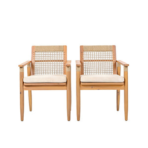 English Elm Outdoor Acacia Wood Armchair Set with Woven Rope Back Beige Cushion Patio Dining N762P386379D