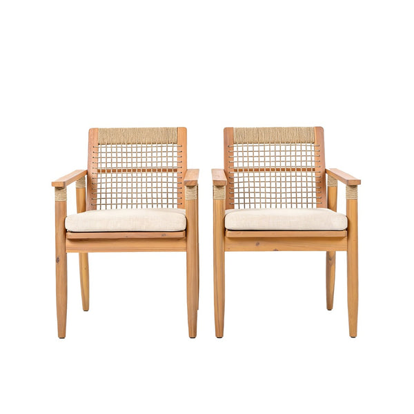 English Elm Outdoor Acacia Wood Armchair Set with Woven Rope Back Beige Cushion Patio Dining N762P386379D