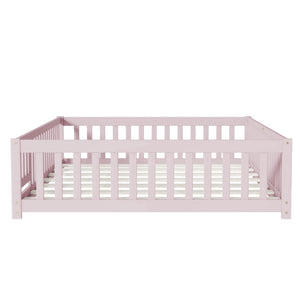 English Elm Queen Rubber Wood Floor Bed with Full Perimeter Safety Fence and Hinged Access Door Pink W504P429344