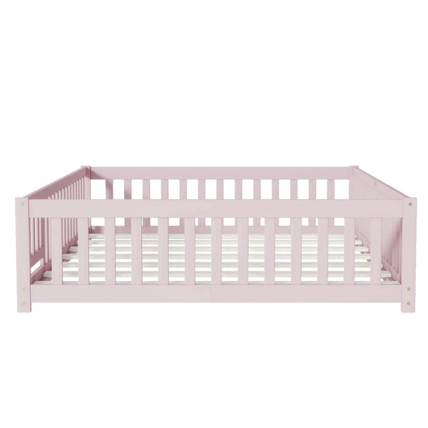 English Elm Queen Rubber Wood Floor Bed with Full Perimeter Safety Fence and Hinged Access Door Pink W504P429344
