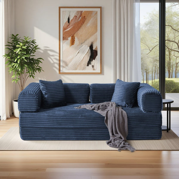 English Elm Compression Foldable Floor Sofa Bed Corduroy Futon with Foam Support for Small Spaces Blue W3716P379187
